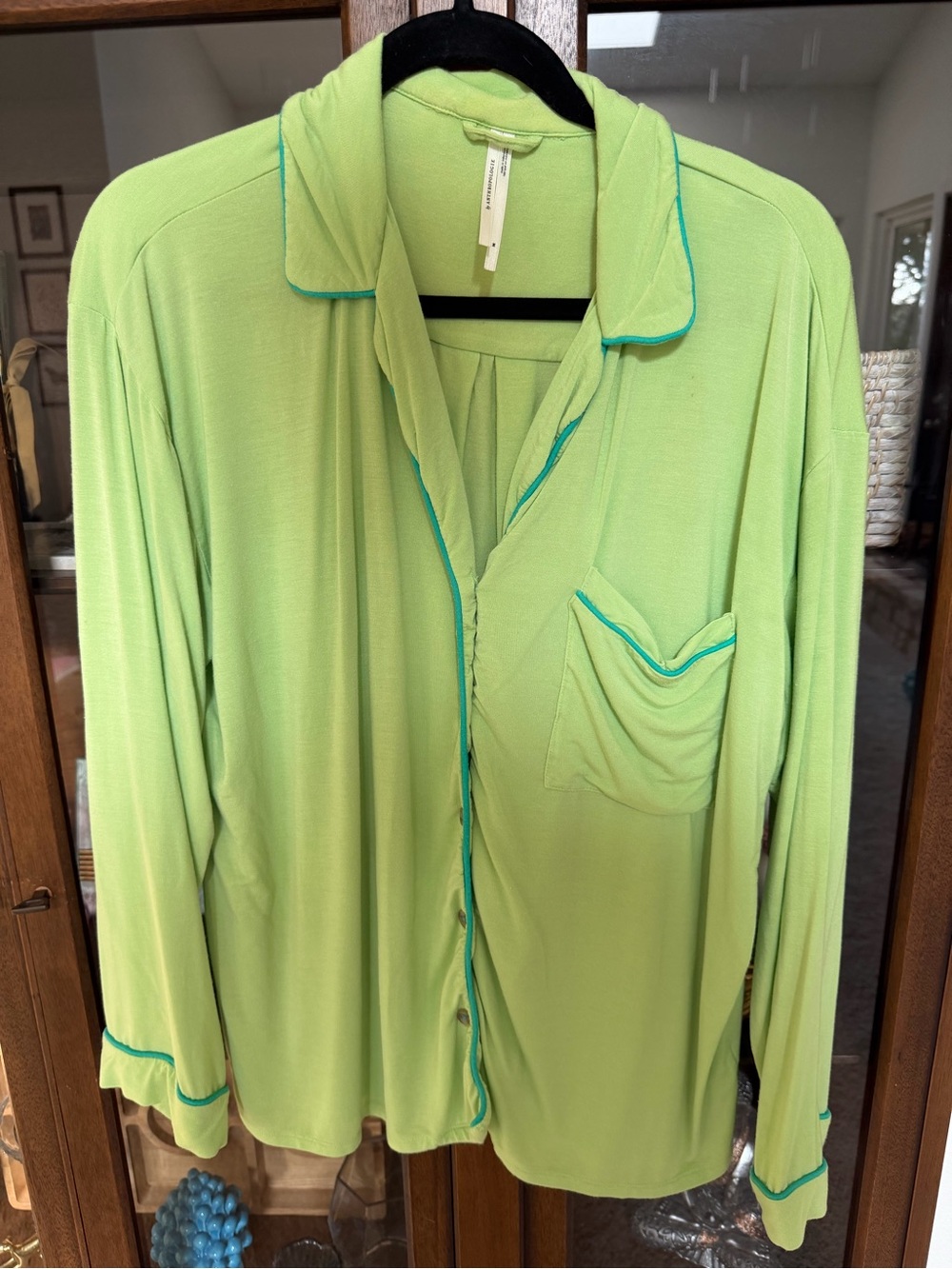 Anthropologie Lime Green Long-Sleeve Pajama Top with Teal Trim